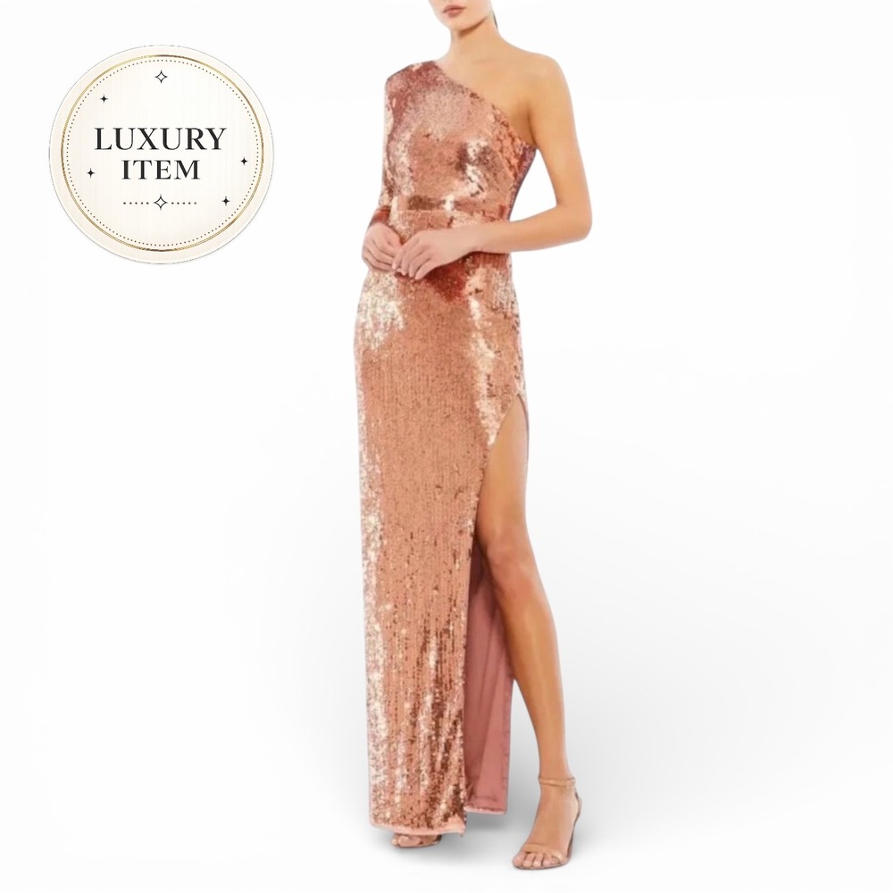 Mac‎ Duggal Copper Sequin One Shoulder Gown NWT Sz 2 High Slit Evening Dress